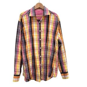 Bugatchi Uomo Men's Embroidered Flip Cuff Colorful Plaid Button Up Shirt XL